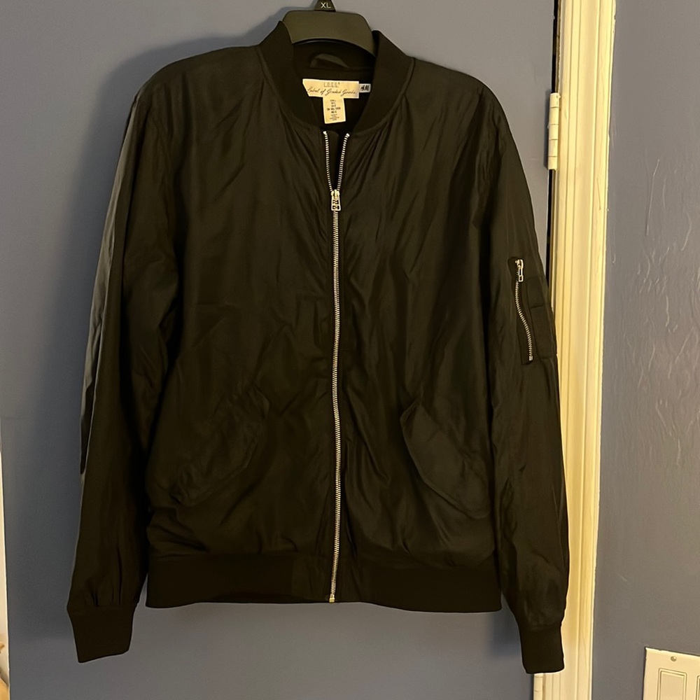 H & M L.O.G.G Mens Bomber Windbreaker Black Long Sleeve Zipper Large Jacket